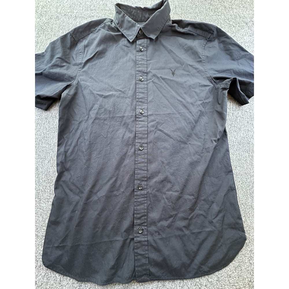 AllSaints Shirt Mens Small Black Button Up Short Sleeve Collared Cotton Logo